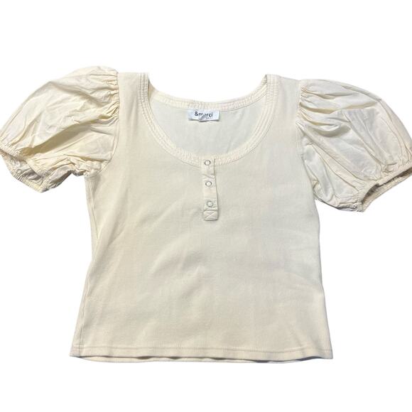& Merci Tops - &Merci Cream Puff Sleeve Top M Henley Rib Knit Stretch Romantic Cottagecore‎
